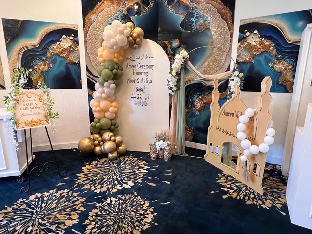 Ameen ceremony backdrop with a sage, peach and gold balloon garland, a white arch panel and a mosque cut-out